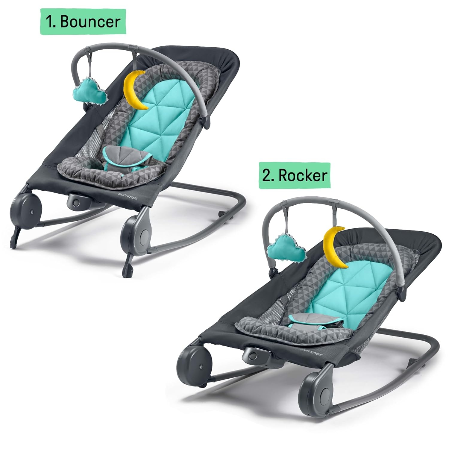 image:imageSummer Infant 2in1 Bouncer amp Rocker Duo Gray and Teal Convenient and Portable Rocker and Bouncer for Babies Includes Soft Toys and Soothing VibrationsGray and Teal