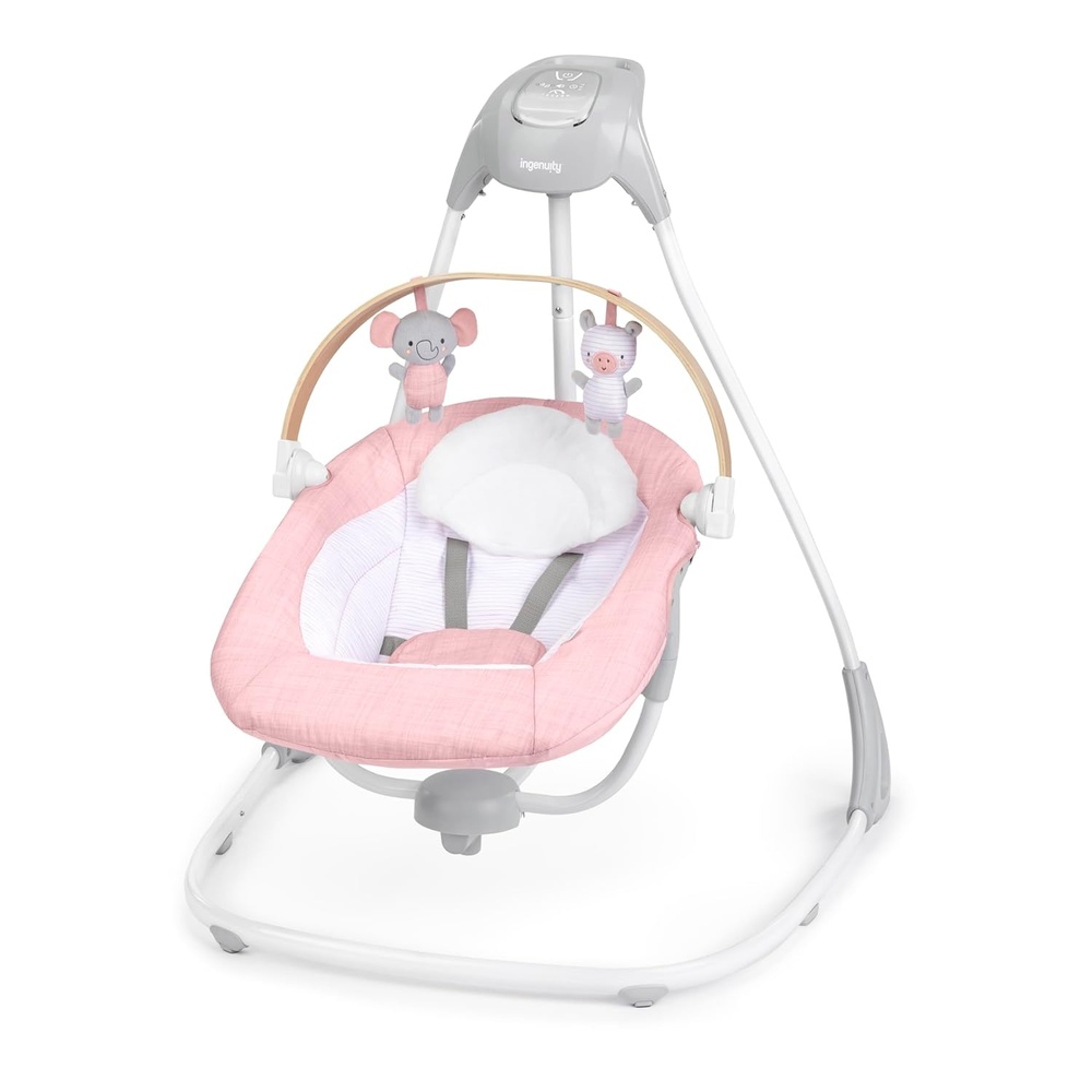image:imageIngenuity SimpleComfort Compact Baby Swing Rotating Seat Swings in 3 Directions 6 Speeds 8 Melodies amp 3 Nature Sounds Ages 09 Months Up to 20 Pounds PinkPink Chambray