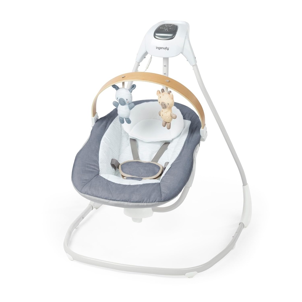 image:imageIngenuity SimpleComfort Compact Baby Swing Rotating Seat Swings in 3 Directions 6 Speeds 8 Melodies amp 3 Nature Sounds Ages 09 Months Up to 20 Pounds  PinkChambray