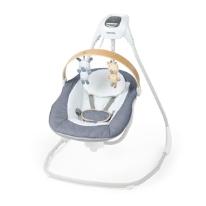 Ingenuity SimpleComfort Compact Baby Swing, Rotating Seat Swings in 3 Directions, 6 Speeds, 8 Melodies & 3 Nature Sounds, Ages 0-9 Months, Up to 20 Pounds – Pink(Chambray)