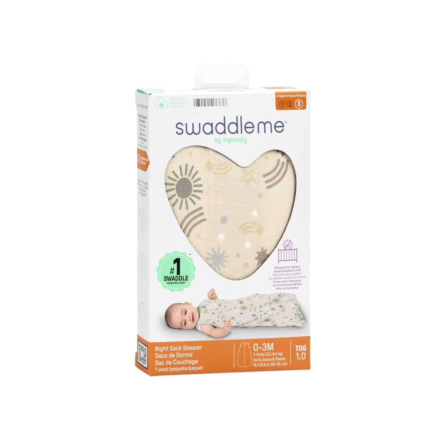 image:imageSwaddleMe by Ingenuity Baby Night Sack Sleeper Size 03 Months 714 Pounds 10 TOG 2Way Zipper 100 Cotton Baby Wearable Blanket Celestial Dance