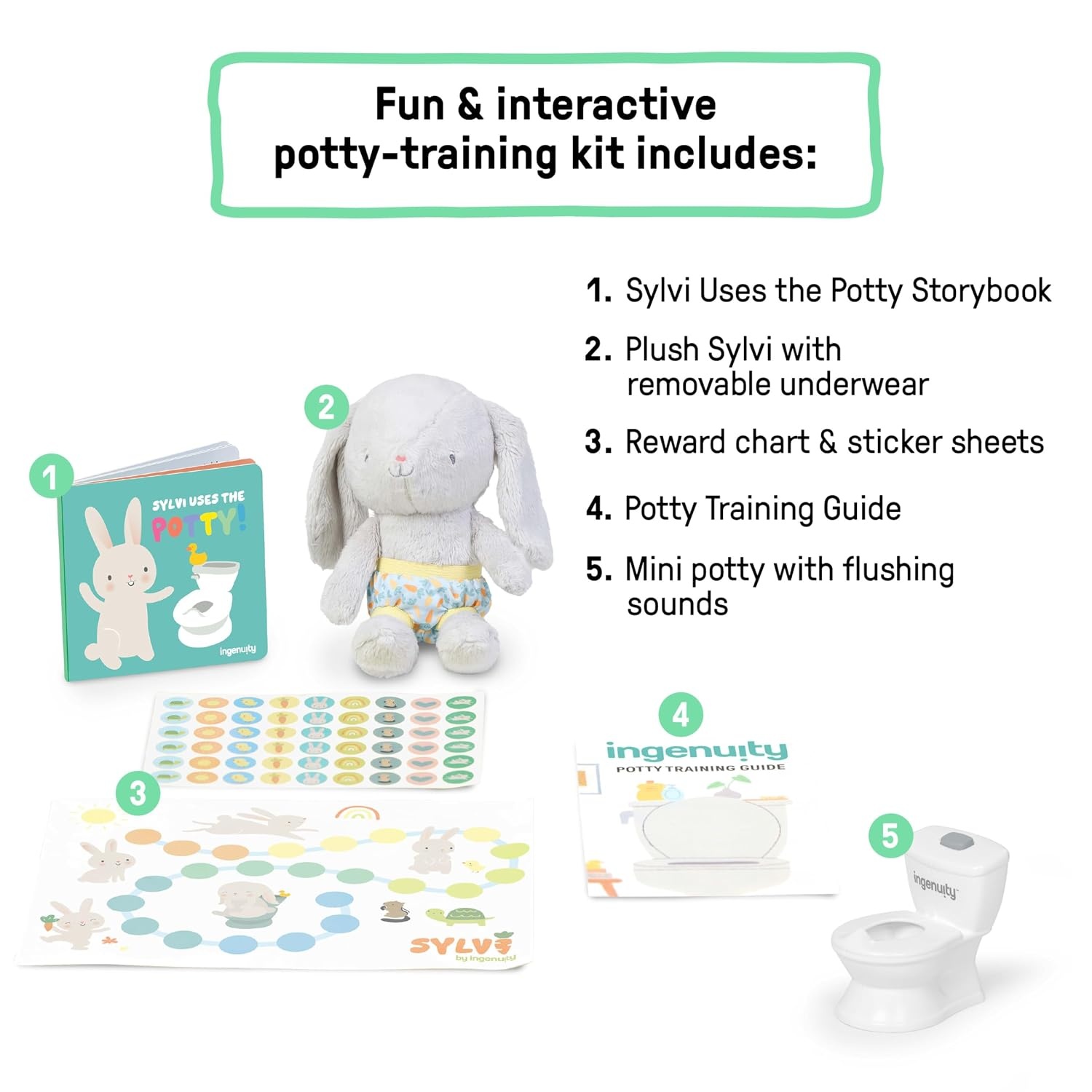 image:imageIngenuity Sylvi Potty Training Kit with Plush Toy and Mini Potty Storybook Sticker Chart amp Parent Guide Playful Toddler Potty Training SetSylvi Kit