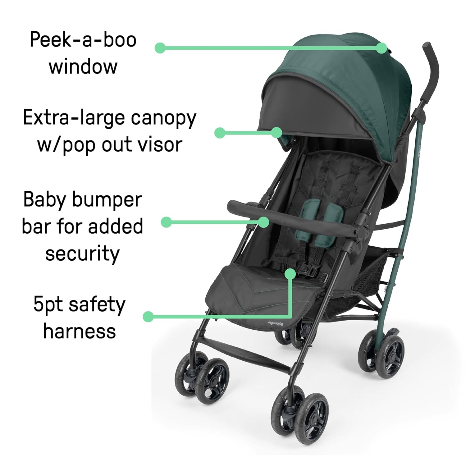 image:imageIngenuity 3Dlite Jewel Convenience Stroller Lightweight Folding Stroller with Car Seat Compatibility ExtraLarge Canopy amp StorageGreen