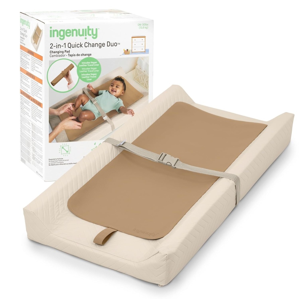 image:imageIngenuity 2in1 Quick Change Duo Changing Pad with Travel Liner  Wipeable WaterResistant Vinyl Contoured Sides amp Safety StrapBrown