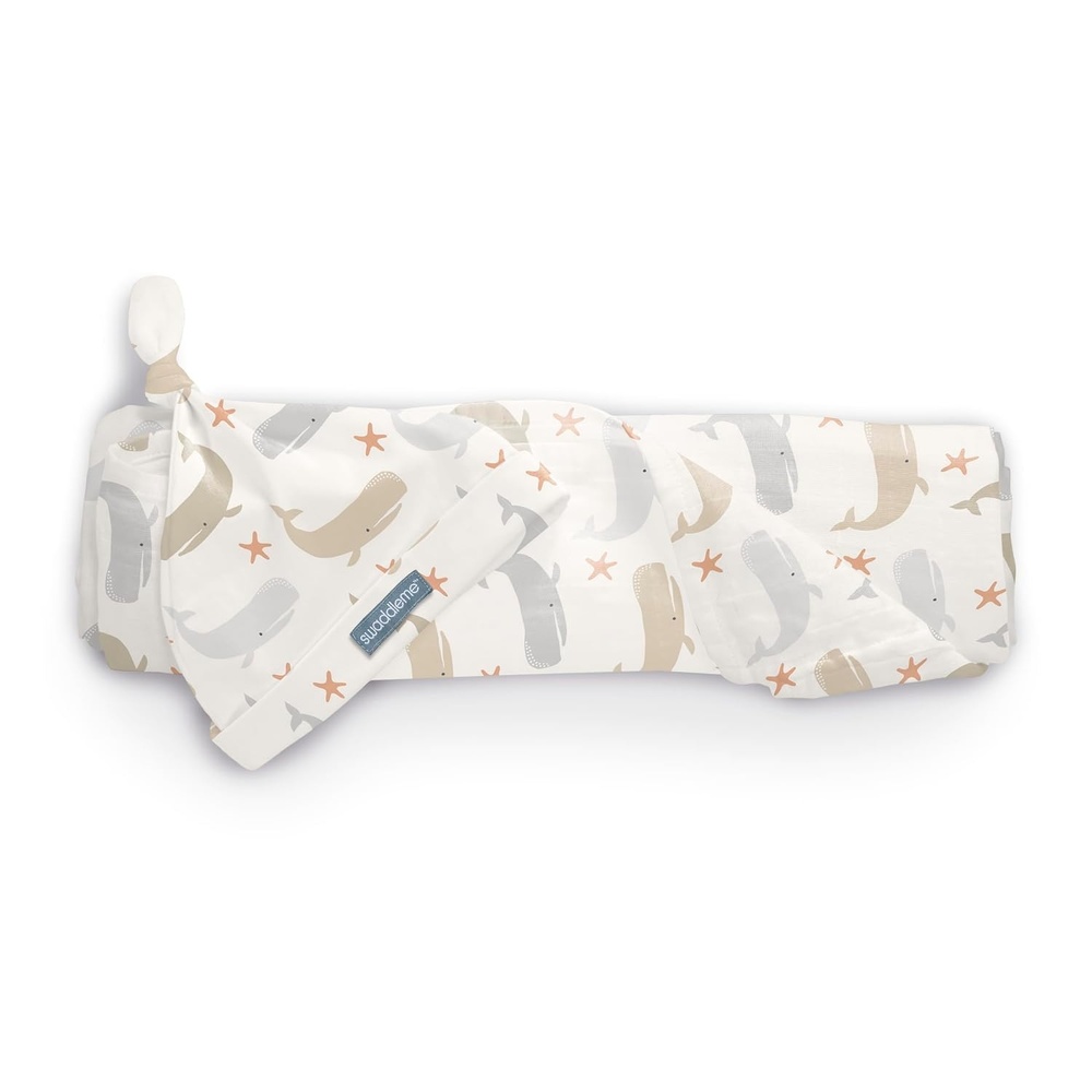 image:imageSwaddleMe by Ingenuity First Moments Collection Muslin Blanket amp Hat Gift Set 4Piece Baby Gift 2 Blankets  2 Hats Soft Breathable Cotton Neutral Whale Stripe amp Swirl Prints Newborn Essentials